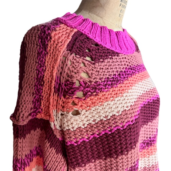 Free People Devon Cropped Knit Striped Sweater in Fuchsia Rose, Sz Sm - Picture 11 of 16